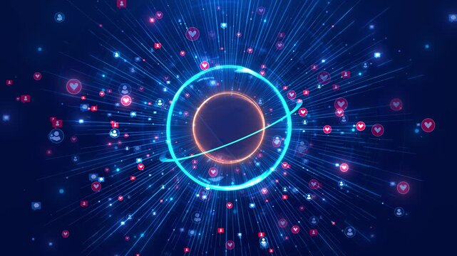 Heart reactions, profile symbols chat icons glowing circular rings, radial lines scattered particles adding depth. social media video online interaction, digital communication audience engagement.