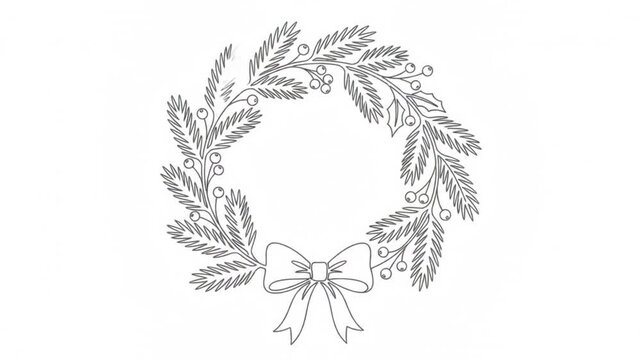 Animated christmas wreath line minimalist holiday pine branch wreath with bow animation line pine
