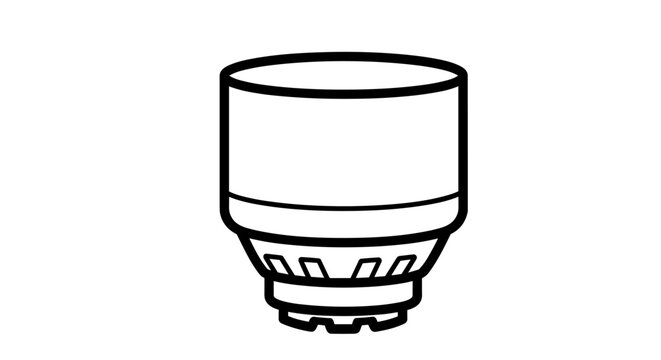 Camera lens standing upright, showing its barrel and focus ring