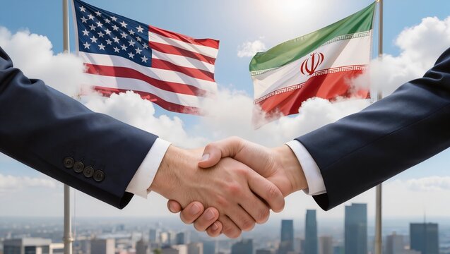 Handshake in front of American and Iranian flags, city skyline, diplomacy, deal
