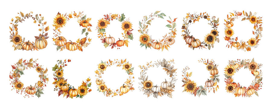 Set of transparent watercolor autumn wreaths featuring sunflowers, pumpkins, and fall leaves, perfect for seasonal harvest designs.
