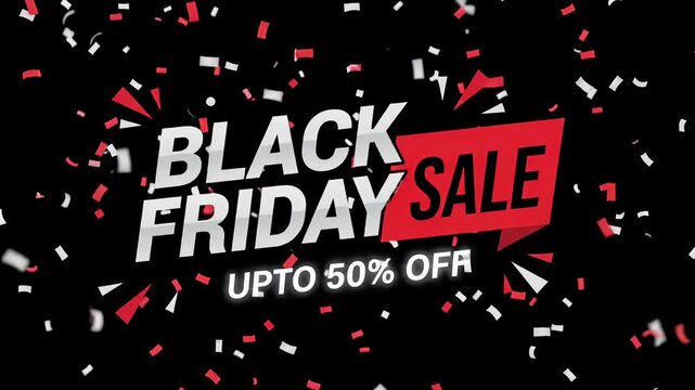 Black Friday sale 50 percent off motion graphic with red ribbon banner, falling confetti explosion, and glossy typography promo loop
