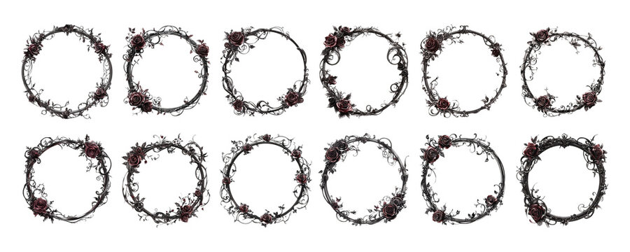 Set of transparent vector illustrations featuring collection of hand-drawn dark thorny vines and branches arranged in circular frames with blooming red rose flowers.