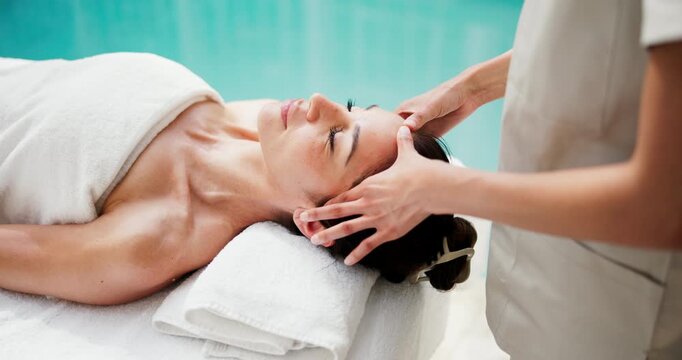 Spa, luxury and head massage for woman on holiday, zen and stress relief on bed and hospitality. Resort, break and mature person with masseuse, sleeping and pamper on vacation or holistic wellness