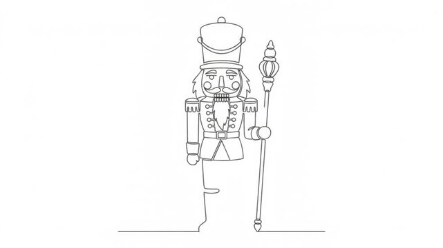 Continuous line of a nutcracker soldier, minimalist christmas holiday animation, festive seasonal decor