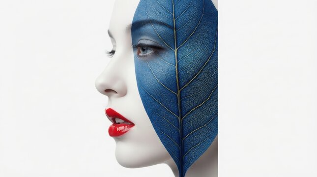 Close up portrait of a beautiful woman with a blue leaf covering half of her face and red lips