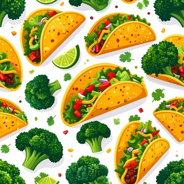 Colorful Tacos and Broccoli Pattern Background.