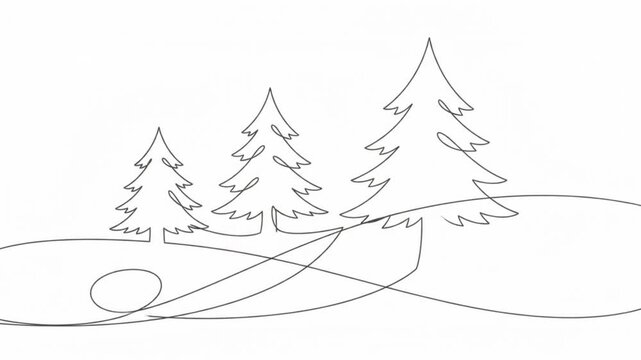 Continuous line of pine forest landscape, minimalist hand-drawn evergreen trees animation, black and white motion