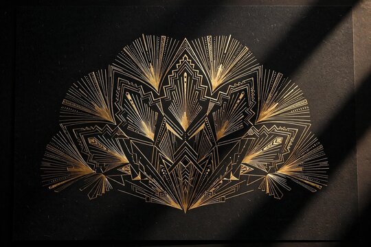 Black stationery paper with elegant gold art-deco fan pattern, luxurious geometric design background