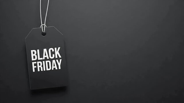 Black Friday hanging sale price tag motion graphic with string against dark textured background with copy space retail promo loop
