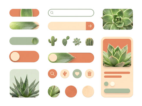 Succulent UI Kit Elements Isolated on Transparent Background for Modern Web and App Interface Design cactus botanical button search bar icon cutout element clip art alpha channel flat minimalist tones
