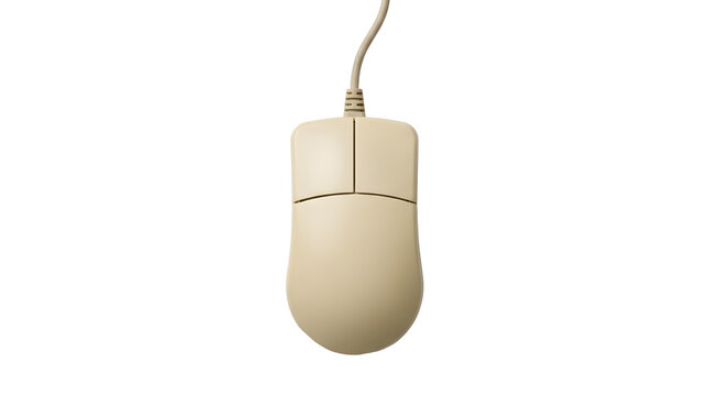Beige computer mouse featuring traditional scroll buttons connected with matching power cable against white background