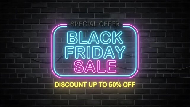 Black Friday neon sign sale banner with glowing blue and pink lights on dark brick wall, 50 percent off retail promo motion graphic loop
