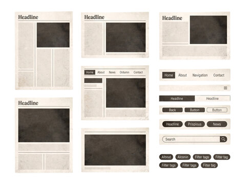 Website Wireframe UI Kit Isolated on Transparent Background for Web Layout Design template cutout newspaper vintage navigation buttons search interface mockup components graphic browser prototyping