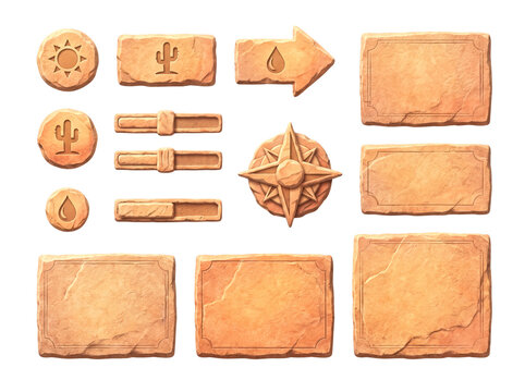 Stone UI Game Assets Set Isolated on Transparent Background for Desert Adventure Games elements texture theme buttons sliders compass arrow cactus icon water drop cutout gui interface rocky sandstone