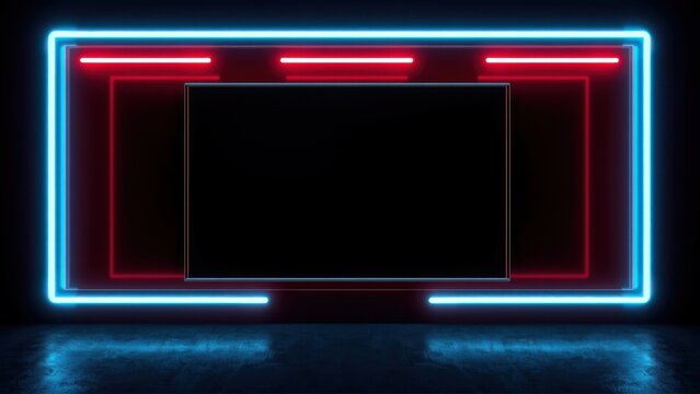 Neon lights frame dark screen. Blue outer rectangle, red inner lines create futuristic display. Reflective floor adds depth.