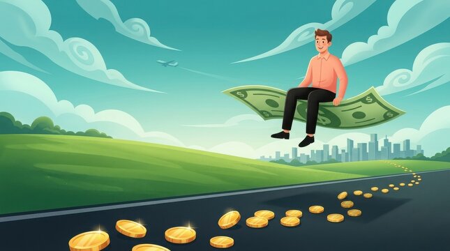 Man flying on a money carpet over a road with gold coins