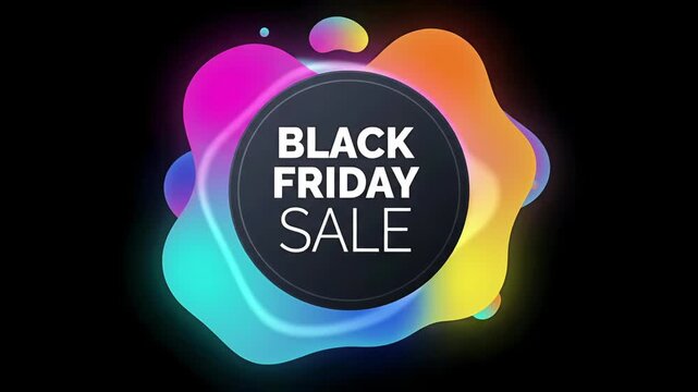 Black Friday sale badge motion graphic surrounded by colorful floating fluid gradient liquid shapes, vibrant modern commercial promo loop

