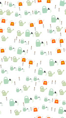 Pattern of watering cans and shovels with hearts © Alberto