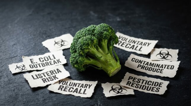 Fresh broccoli surrounded by conceptual labels regarding food safety and contamination risks