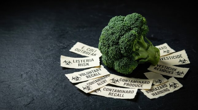 Fresh broccoli with biohazard labels and contaminated food warning signs on dark surface