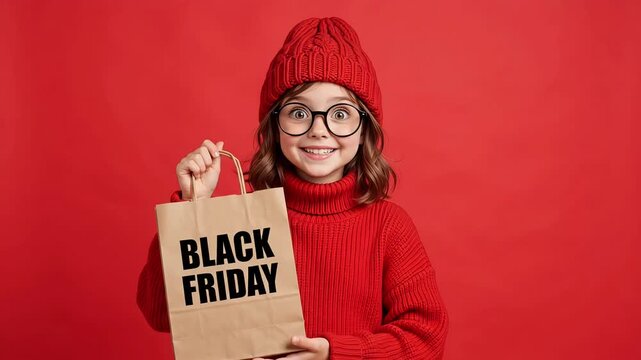Excited little girl holding Black Friday shopping bag motion graphic in warm red knit sweater and beanie on vibrant red background loop
