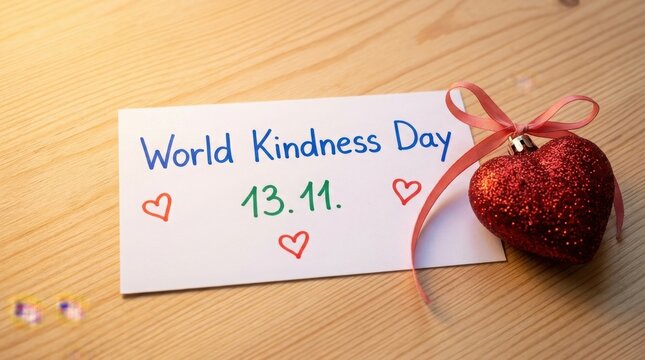 World kindness day greeting card with a red heart