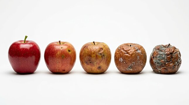 Stages of apple decay shown in a row from fresh to rotten