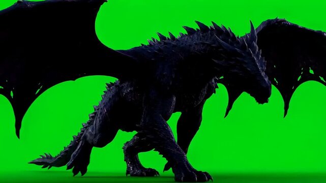 Wounded Black Dragon Limping on Green Screen