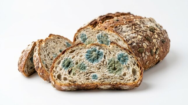 Moldy bread loaf with slices, showing green and blue mold growth