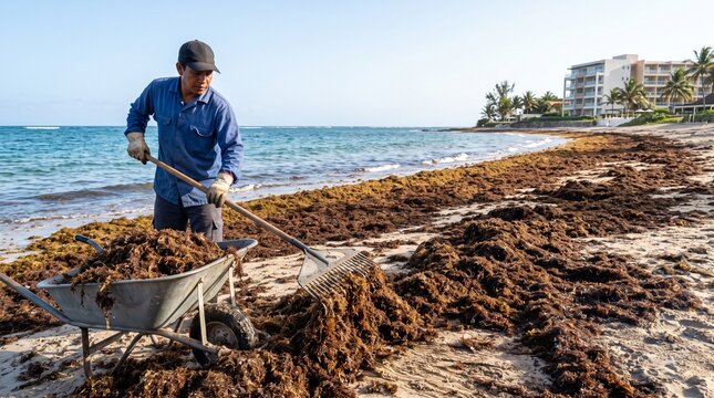 Worker Raking Sargassum Seaweed Off a Tourist Beach