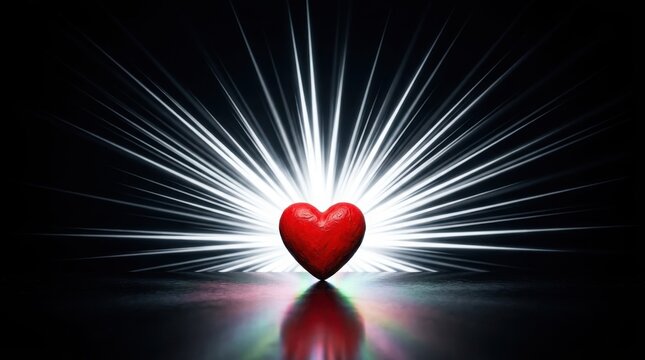 A vibrant red heart glowing with radiant light against a dark background