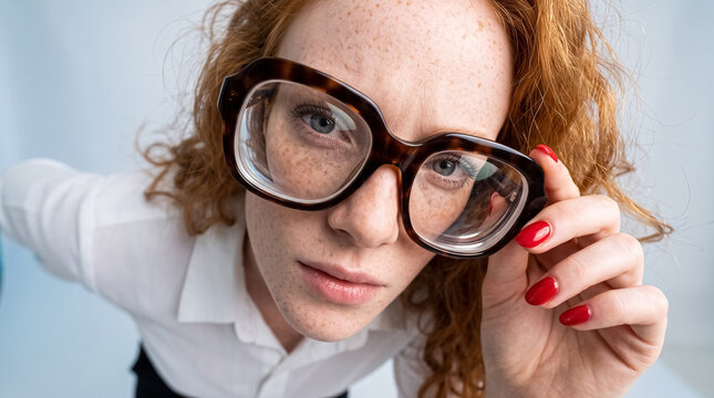 Close-up wide-angle shot of a quirky red-haired woman leaning into the camera lens while squinting through thick prescription eyeglasses to see better.