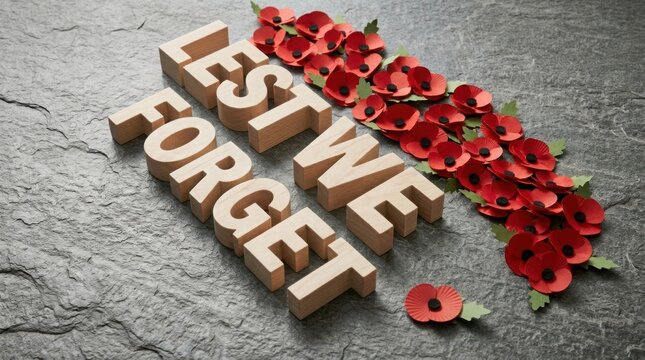 Lest we forget wooden letters with red poppy flowers
