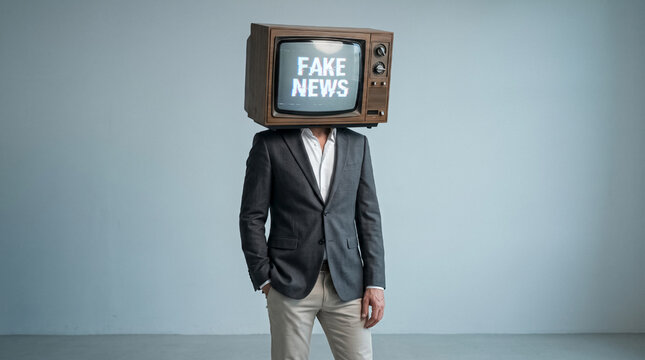 Man in Suit with Vintage Television Head Displaying Fake News Text