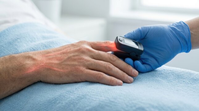 A gloved healthcare worker checks oxygen saturation with a fingertip pulse oximeter