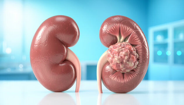 Healthy Kidney vs Kidney Cancer &ndash; 3D Medical Illustration of Renal Tumor and Normal Kidney Anatomy