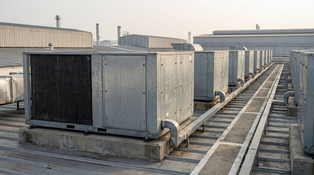 Rooftop HVAC units installed in a row on a commercial building, with metal ducts and industrial surroundings under clear sky lighting.