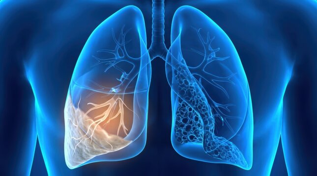 Medical illustration of lungs showing bronchi and contrasting alveolar structures