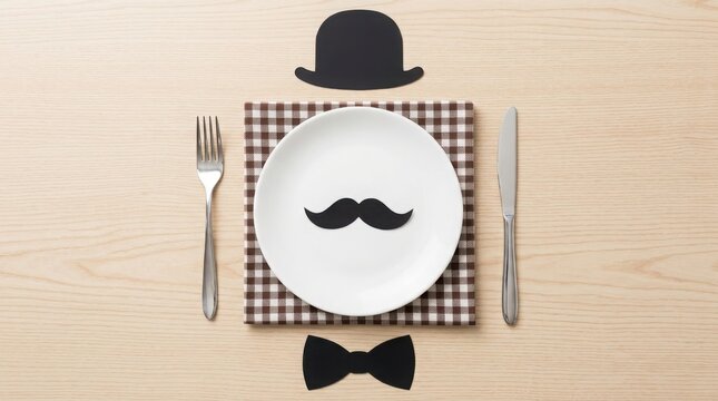 Place setting with a mustache, hat, and bow tie