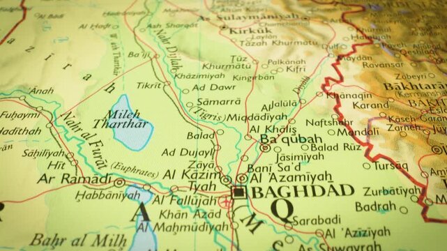 Iraq &ndash; flyover to Baghdad on a physical atlas map