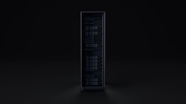A modern server rack stands alone against a dark background, representing data storage and technology.