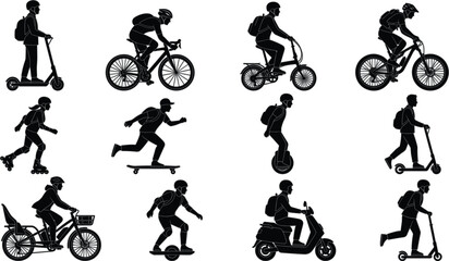 Eco friendly micro mobility transportation silhouettes set with electric scooters bicycles skateboards unicycles and mopeds isolated vector illustration © MD TUHIN
