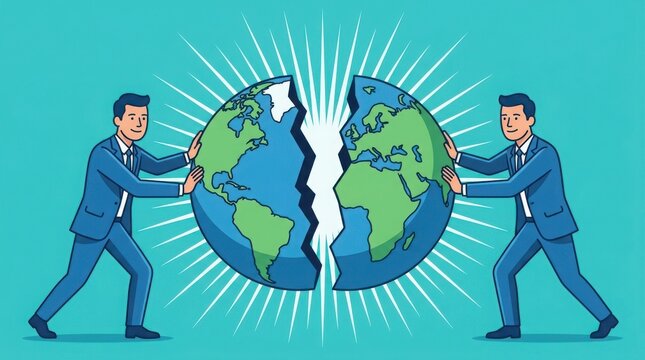 Two businessmen splitting a globe in half