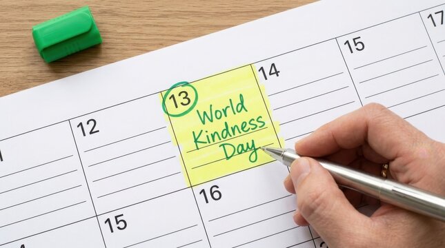 Hand writing world kindness day on a calendar