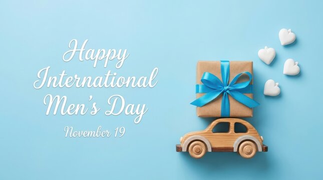 International mens day greeting with gift on wooden car