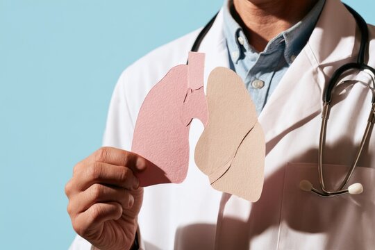 A doctor holds a paper cutout model of human lungs, symbolizing respiratory health and medical care.