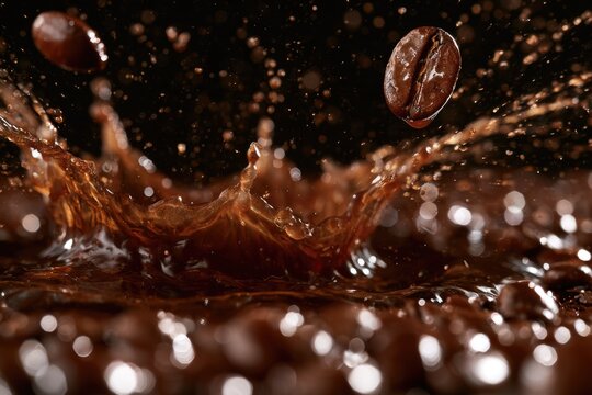 Dark coffee splashes as whole coffee beans fall, creating dynamic droplets and a rich, textured scene with a glossy, energetic vibe.