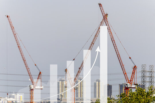 Construction crane city growth progress development urban skyline building industry Urban construction crane with city skyline growth chart overlay symbolizing progress development and economic