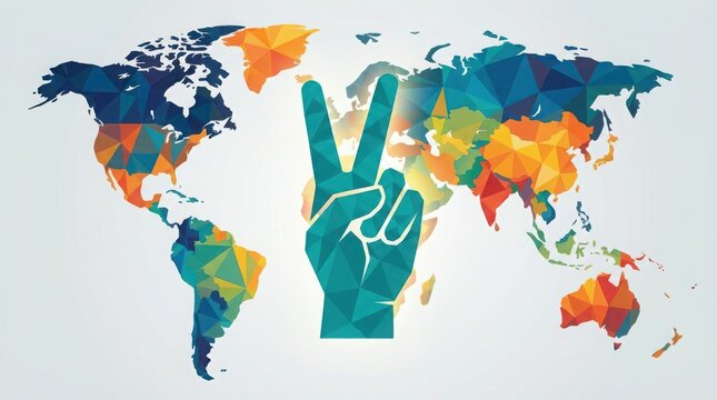 Low poly peace sign hand gesture over a colorful world map